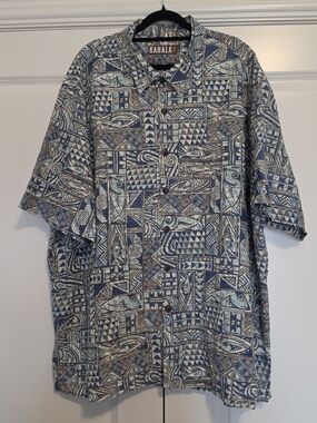 KAHALA 1936 HAWAIIAN ALOHA SHIRT 3XL TAPA FISH PRINT OVERSIZED RAYON LINEN